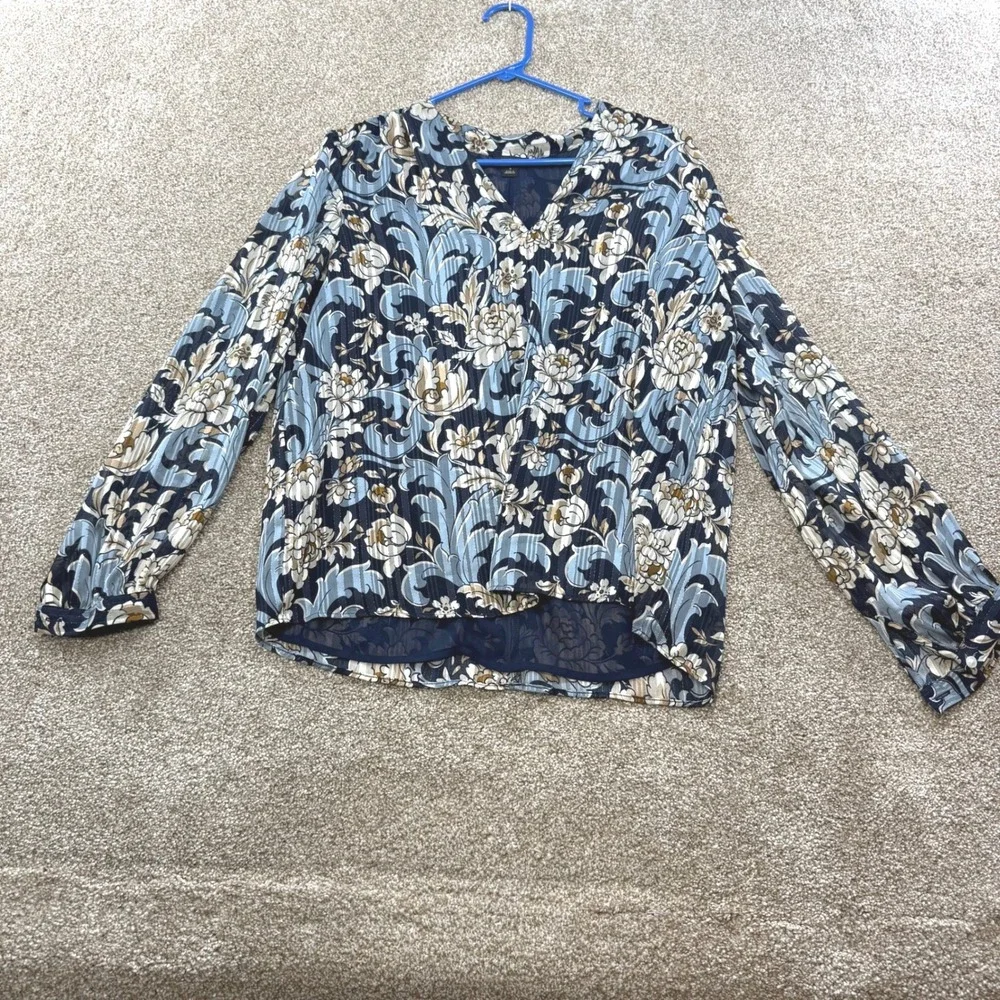 Ann Taylor Factory Blue Floral Metallic Stripe V-Neck Blouse Womens M Office